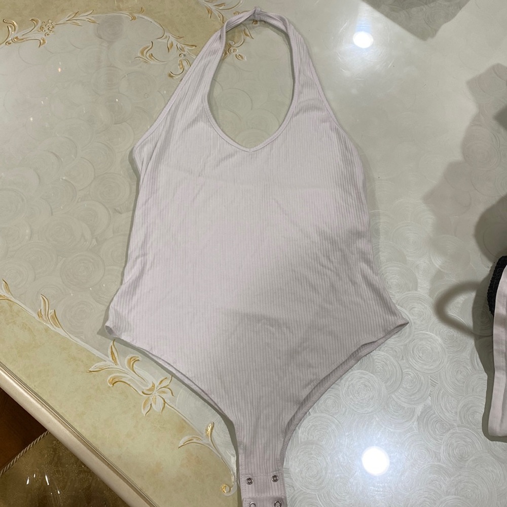 Garage White Ribbed Halter Top Bodysuit